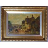 A giltwood framed oil on canvas by Dean Wolstenholme. Depicting a village scene, signed by artist.