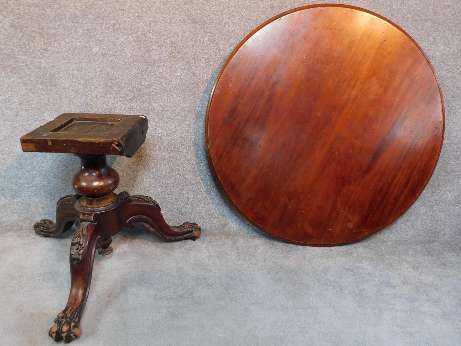 An early Victorian mahogany circular tilt top loo table raised on carved tripod base with lion paw - Image 5 of 5