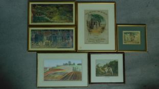Five framed and glazed lithographs. One hand coloured, titled, 'love in a village, one titled 'Sunny