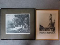 Two framed and glazed antique lithographs. One depting a classical scene with lounging females,