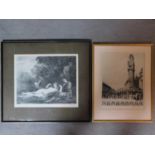 Two framed and glazed antique lithographs. One depting a classical scene with lounging females,