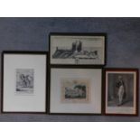 A collection of four framed and glazed antique engravings, two depicting people and two depicting