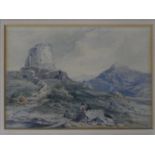 A framed and glazed 20th century watercolour of a ruin in the mountains with people. Signed F.R.
