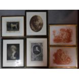 Six framed and glazed prints depicting people and animals. 58x44cm (largest)
