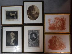 Six framed and glazed prints depicting people and animals. 58x44cm (largest)