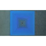 An acrylic geometric op art on board by British artist David Mills. Titled 'Blue Virgin'. With