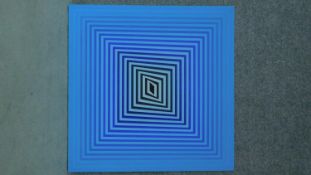 An acrylic geometric op art on board by British artist David Mills. Titled 'Blue Virgin'. With