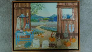 A framed oil on canvas by Argentina artist Virginia Bellati showing open barn doors with pumpkins