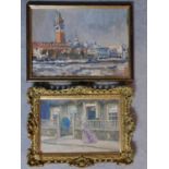 A gilt wood framed oil on canvas attributed to Ron Whittenbury (active 1920-55) of a city scape.