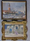 A gilt wood framed oil on canvas attributed to Ron Whittenbury (active 1920-55) of a city scape.