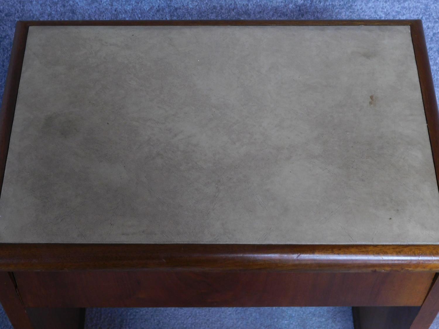 An Art Deco figured walnut piano stool with hinged lift up top enclosing sheet music compartment. - Image 4 of 5