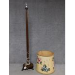 A William IV mahogany base standard lamp with hand painted shade. H.154cm