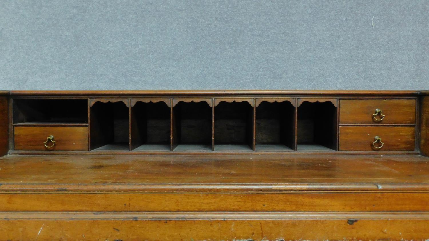 An early 20th century mahogany converted piano writing desk raised on stretchered square supports. - Image 5 of 6