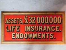 A framed vintage mirrored advertising sign for life insurance endowments. 136x69cm