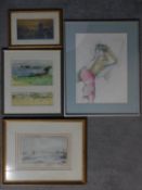 Four framed and glazed drawings depicting various subjects. Two of them signed by artist. H.52 W.