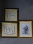 Three framed and glazed pencil sketches of different subjects. 41x36cm