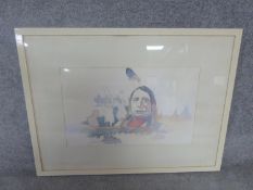 A framed watercolour of a native American chief with bison. Carlo Grassi gallery, Milan stamp to