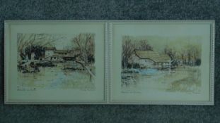 Two framed and glazed ink and acrylic landscape studies by British artist Philip Stanley Bulson. '