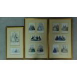 A collection of framed and glazed antique hand coloured engravings of various ladies dresses. H.