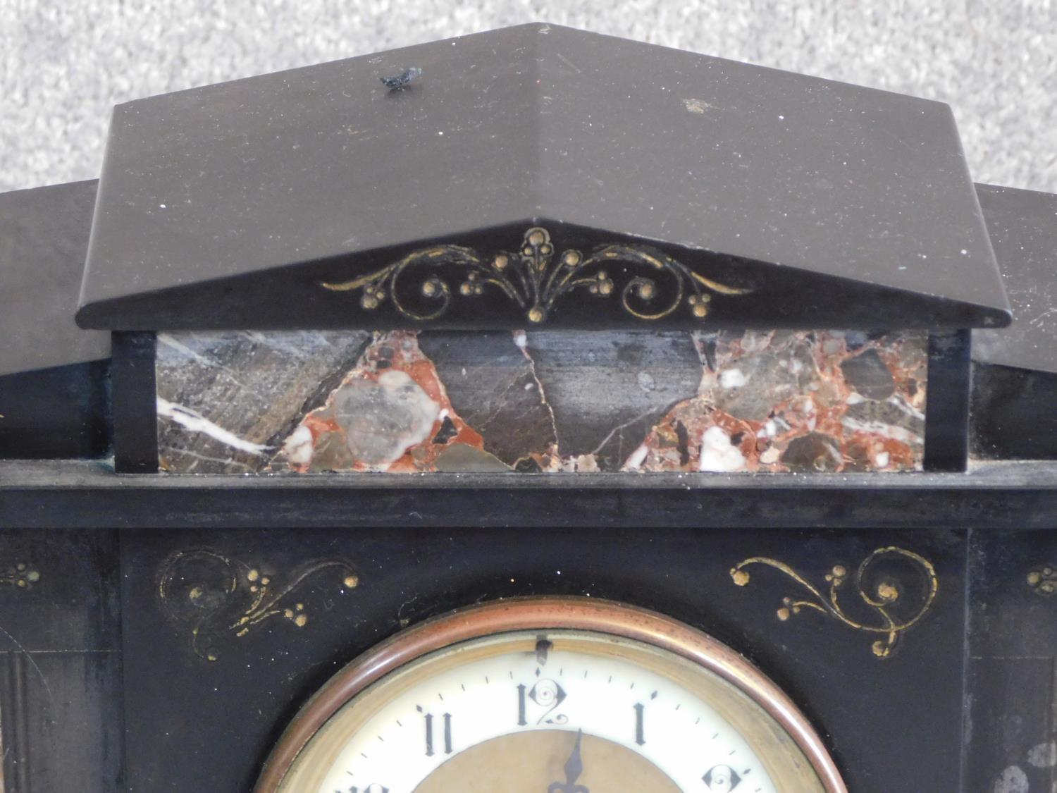 A Victorian style black slate and marble mantle clock. With white enamel and brass dial. Engraved - Image 2 of 5