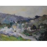 A framed and glazed watercolour of a landscape, titled 'Route de la Montagne'. Signed T. Ange.