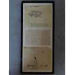 A framed and glazed mixed media depicting a map, writing and a lady walking. Indistinctly signed.