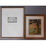 A framed and glazed sketch together with a framed and glazed coloured lithograph, both unsigned. H.