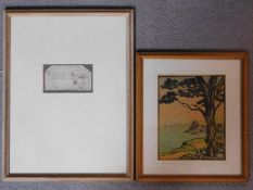 A framed and glazed sketch together with a framed and glazed coloured lithograph, both unsigned. H.