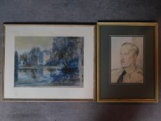 Two framed and glazed pastels, one depicting a house by a forest and the other a portrait. One