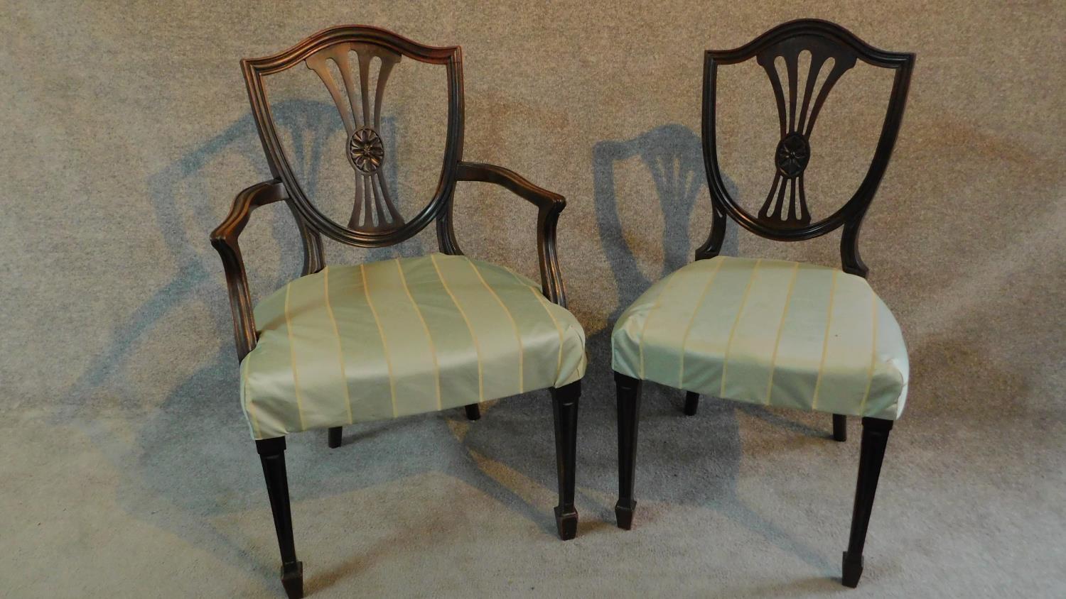 A set of six mahogany Hepplewhite style dining chairs in green striped upholstery raised on square - Image 5 of 8