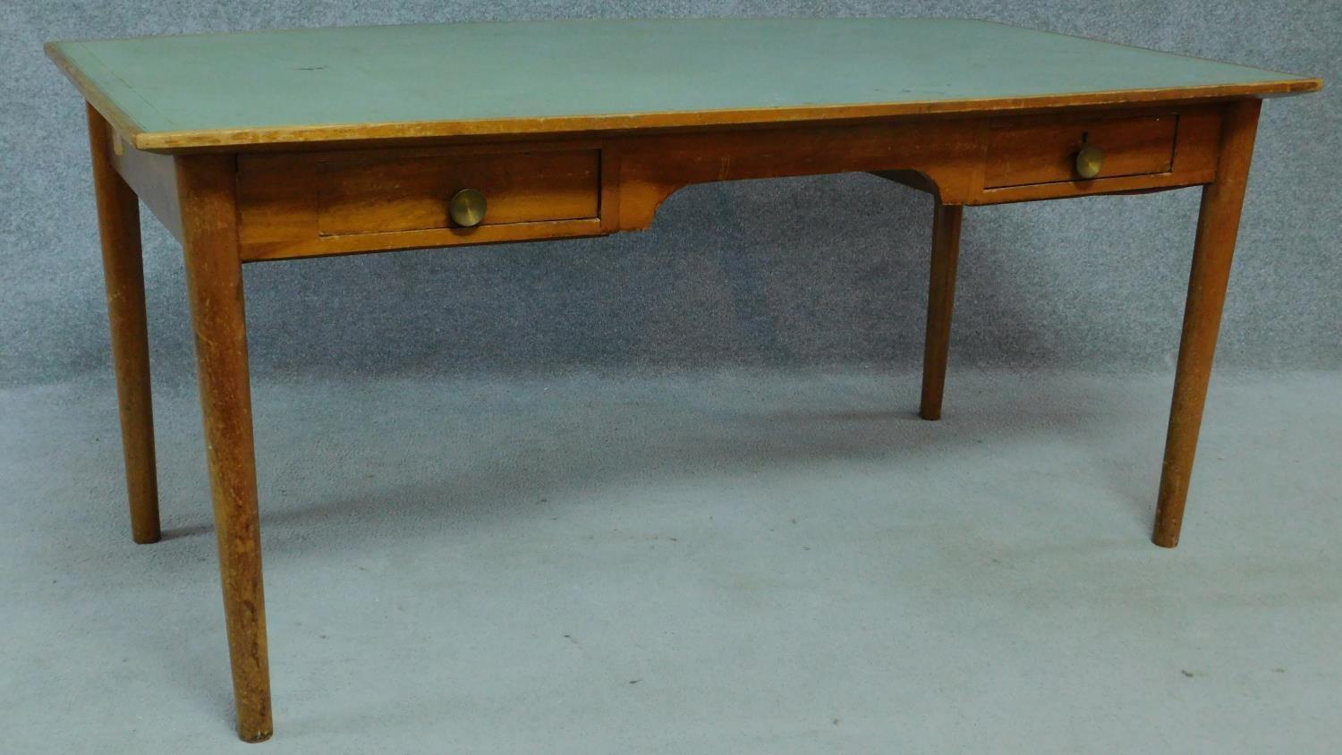 A mid 20th century teak writing table fitted inset tooled pale green leather top with two frieze - Image 4 of 8