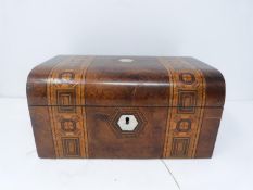 An antique walnut and satinwood inlaid jewellery box with mother of pearl hexagonal plaques. 25x12.5