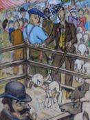 A vintage watercolour illustration of a lamb at the market. On the reverse is written a story