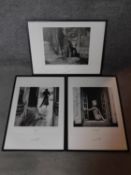 Two large framed and glazed black noir prints of women and one of the same unglazed, signed by