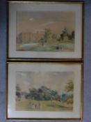 A pair of watercolours depicting a family in a garden by a big house, description to the back.