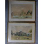 A pair of watercolours depicting a family in a garden by a big house, description to the back.