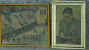 Two 20th century framed oil on canvas. One of a young boy reading and one of a village scene.