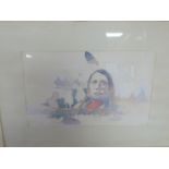 A framed watercolour of a native American chief with bison. Carlo Grassi gallery, Milan stamp to
