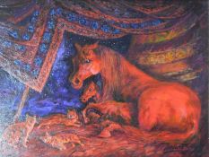 A framed oil on canvas by Spanish artist Robert Barnete, depicting a mare and her foal with cats.