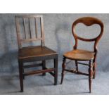 An antique country oak dining chair and a Victorian balloon back bedroom chair. H.87cm