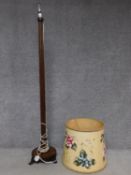 A William IV mahogany base standard lamp with hand painted shade. H.154cm