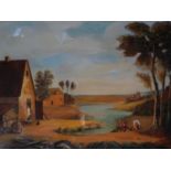 A 19th century carved gilt wood framed oil on canvas depicting a farm house by a lake. Signed J.F.