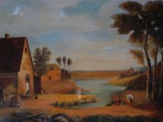 A 19th century carved gilt wood framed oil on canvas depicting a farm house by a lake. Signed J.F.