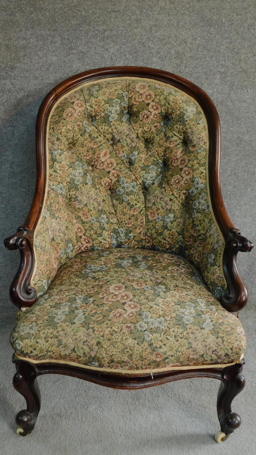 A Victorian mahogany framed floral upholstered buttoned back armchair raised on carved cabriole - Image 2 of 6