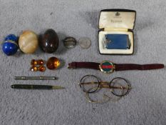 A collection of collectables, including stone eggs, a lapis lazuli and crystal light pull, antique
