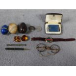 A collection of collectables, including stone eggs, a lapis lazuli and crystal light pull, antique