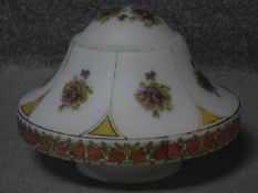 A vintage milk glass shade with floral decoration. H.25 W.30cm