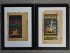 Two framed and glazed indian paintings on parchment, depicting Karma Sutra poses. 33x24cm