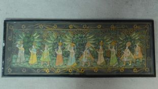 A framed and glazed gouache of a ceremonial Indian dance, unsigned. 119x46cm