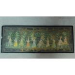 A framed and glazed gouache of a ceremonial Indian dance, unsigned. 119x46cm